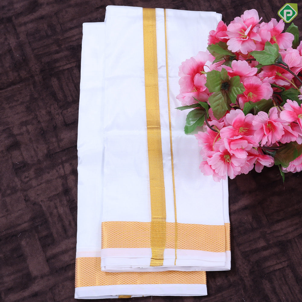 White Gold Zari Border 8 Muzham 80 Kuligai Pure Mix Silk Dhoti