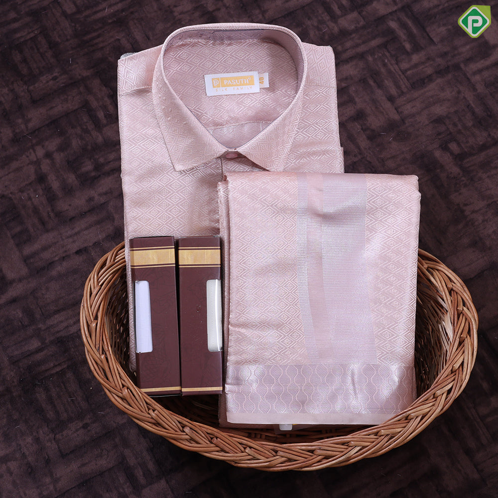 Onion Pink Self Diamond Silver Zari Border Silk Dhoti Readymade Shirt 6 in 1 Set