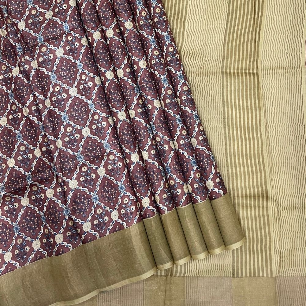 Dark Onion With Gold Zari Plain Border Tusser Silk Saree