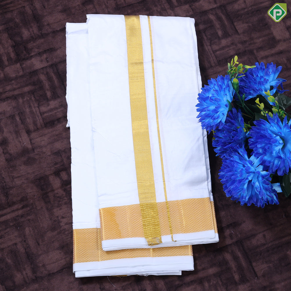 Pure White Gold Zari 120 Kuligai 8 Muzham Pure Silk Dhothi Pattu Vesti