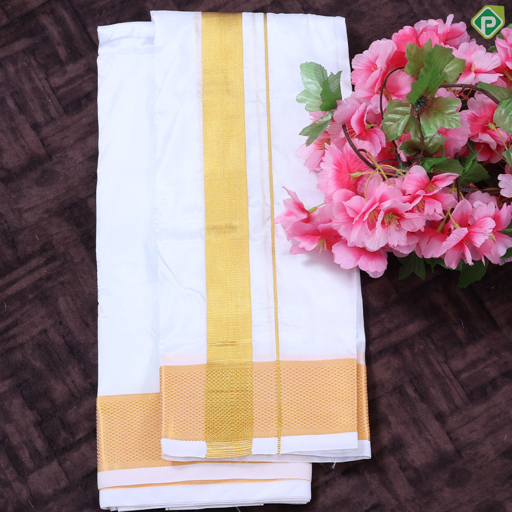 White Gold Zari Border 8 Muzham 120 Kuligai Pure Mix Silk Dhoti