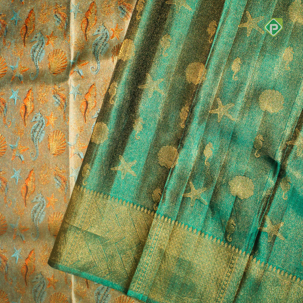 Mint green deep sea living and articles Meena work design Peacock green gold zari border signature edition trendy silk saree