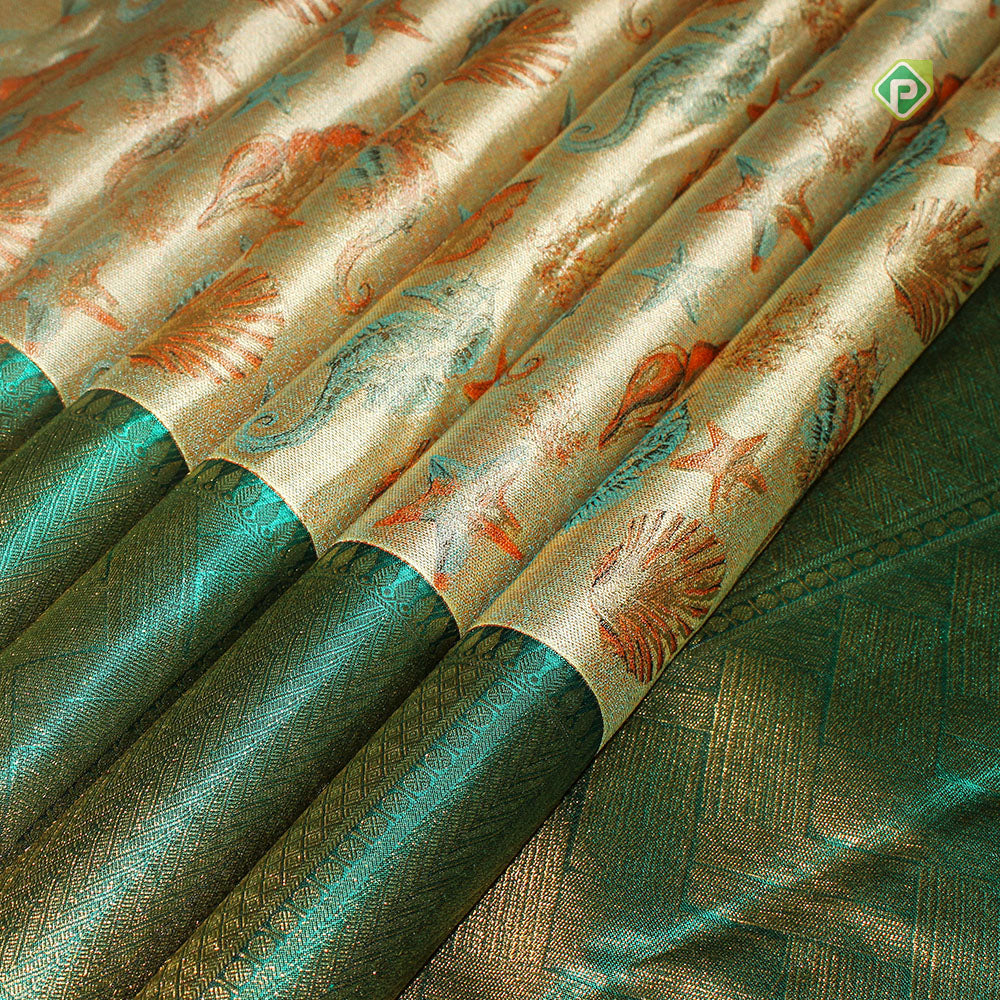 Mint green deep sea living and articles Meena work design Peacock green gold zari border signature edition trendy silk saree