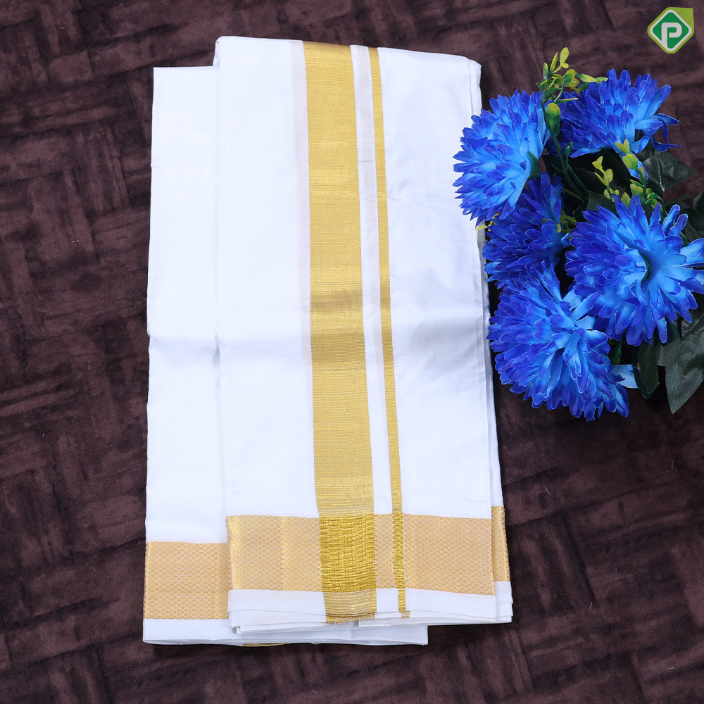 Pure White Gold Zari 100 Kuligai 8 Muzham Pure Silk Dhothi Pattu Vesti