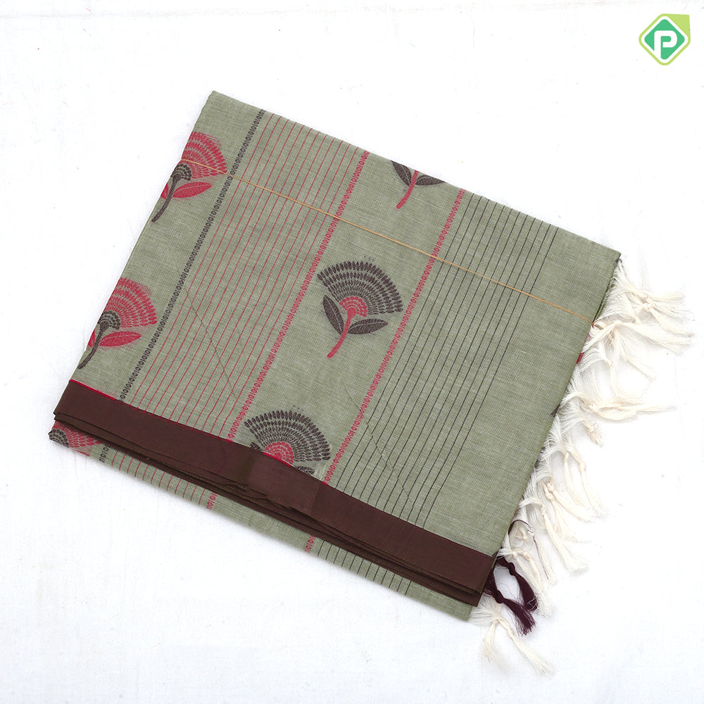 Neutral color Fancy flowers and thread lines contrast dark border soft cotton saree