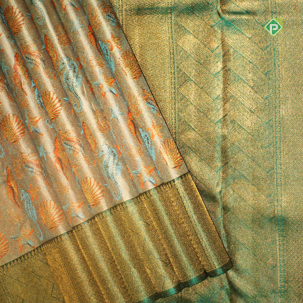 Mint green deep sea living and articles Meena work design Peacock green gold zari border signature edition trendy silk saree