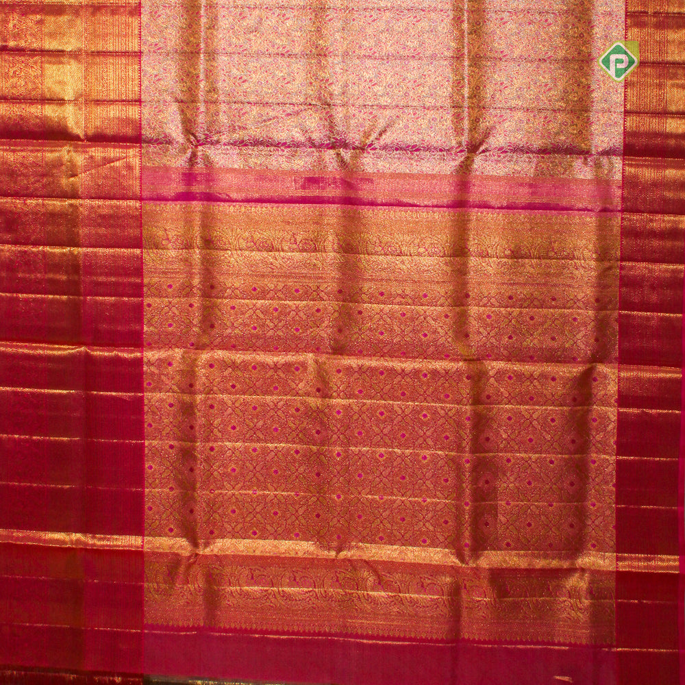 Rani Pink With Gold And Silver Zari Double Peacock Bavanji Flower Lines Border Tissue Silk