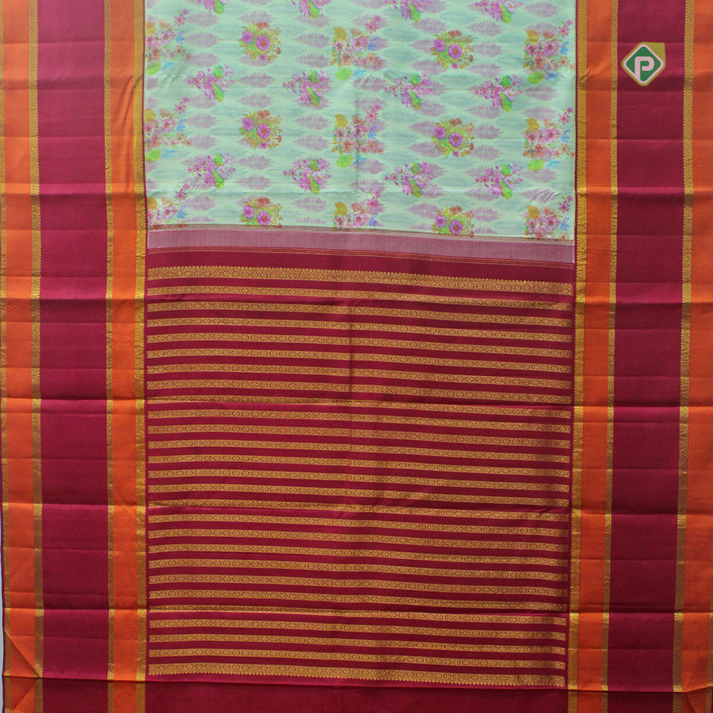 Pista Green Gold Zari Lines Divided Border Digital Printed Silk Saree