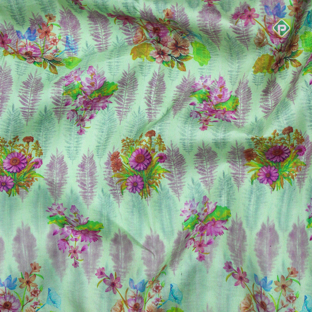 Pista Green Gold Zari Lines Divided Border Digital Printed Silk Saree