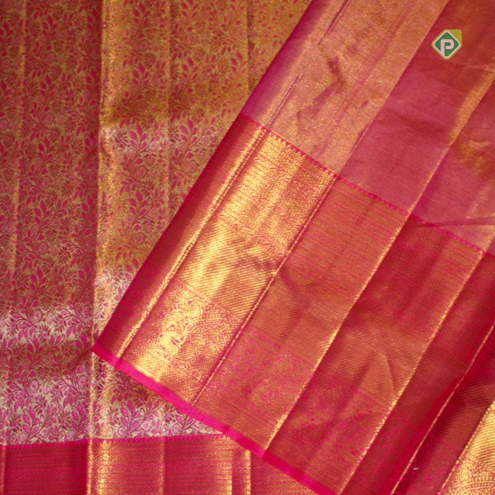 Rani Pink With Gold And Silver Zari Double Peacock Bavanji Flower Lines Border Tissue Silk