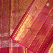 Rani Pink With Gold And Silver Zari Double Peacock Bavanji Flower Lines Border Tissue Silk