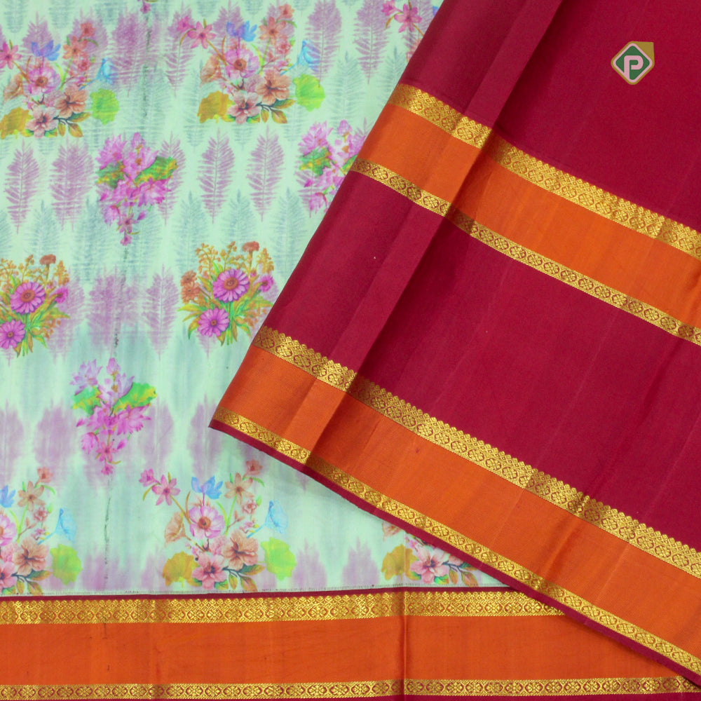 Pista Green Gold Zari Lines Divided Border Digital Printed Silk Saree