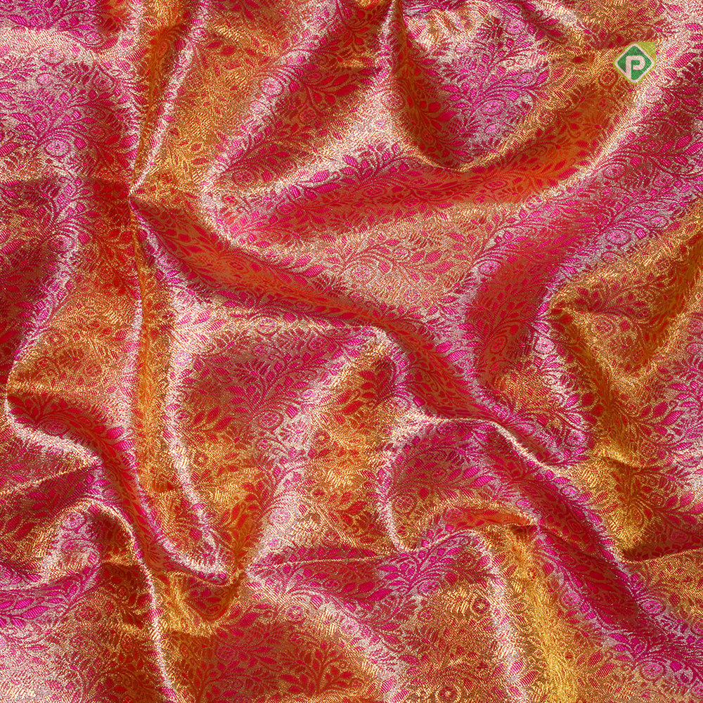 Rani Pink With Gold And Silver Zari Double Peacock Bavanji Flower Lines Border Tissue Silk