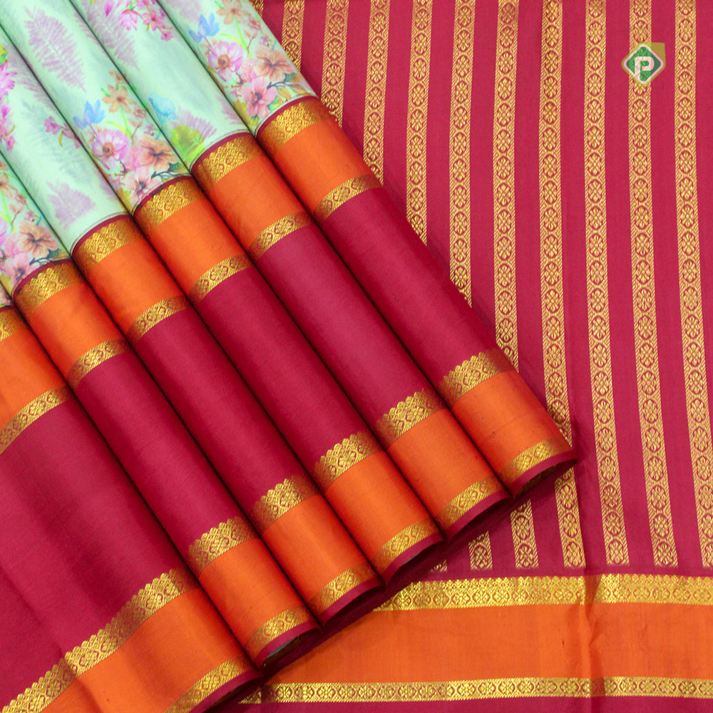 Pista Green Gold Zari Lines Divided Border Digital Printed Silk Saree