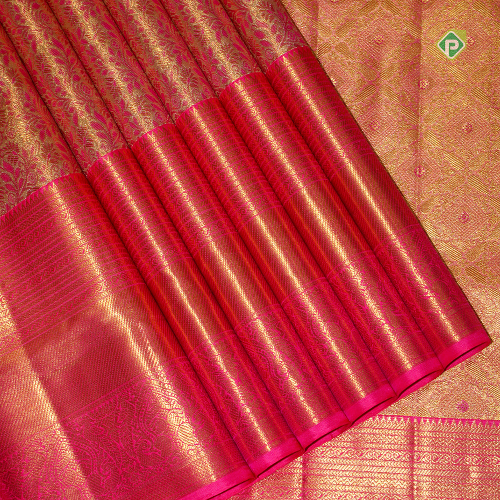 Rani Pink With Gold And Silver Zari Double Peacock Bavanji Flower Lines Border Tissue Silk