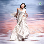 Silver White Self Floral Design Tissue Prismatic Luminescence Christmas Edition Silk Saree