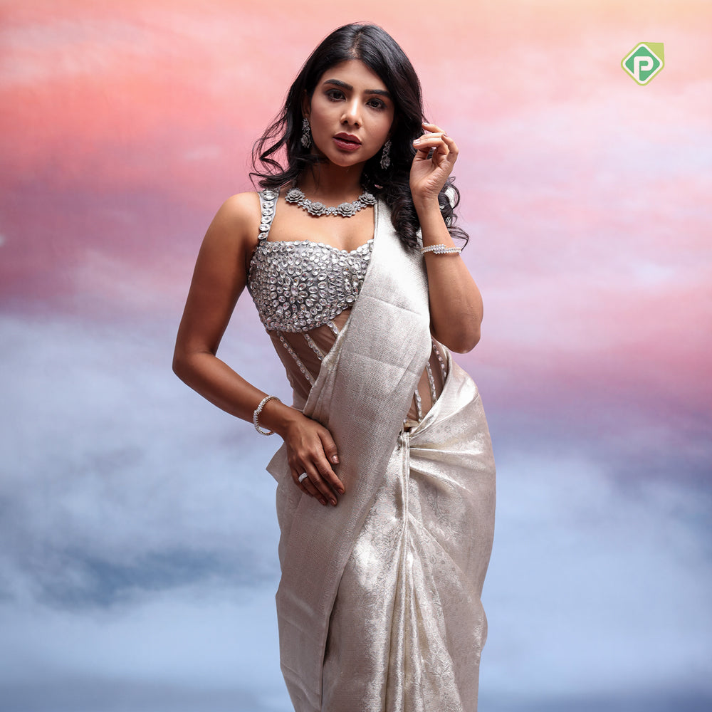 Silver White Self Floral Design Tissue Prismatic Luminescence Christmas Edition Silk Saree