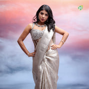Silver White Self Floral Design Tissue Prismatic Luminescence Christmas Edition Silk Saree