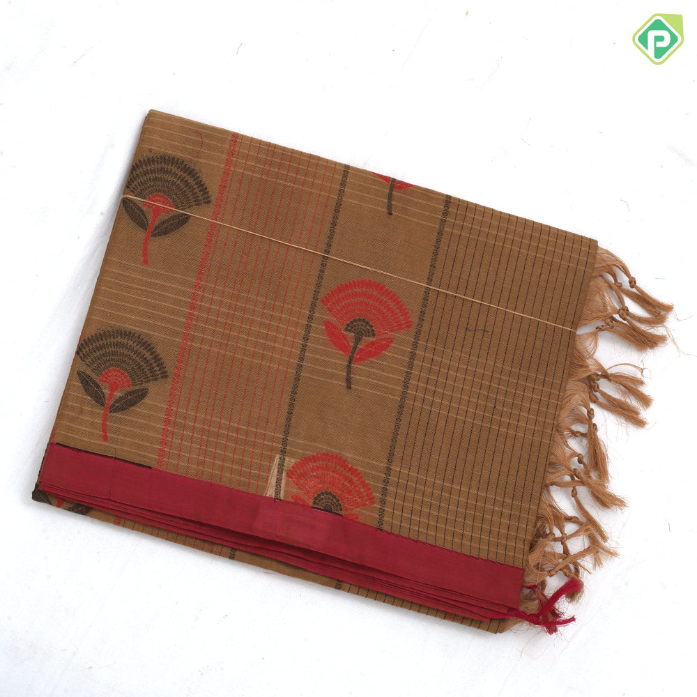 Neutral color Fancy flowers and thread lines contrast dark border soft cotton saree