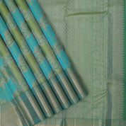 Dual green tone with silver gold zari rankat design self color bavanji border bridal silk saree