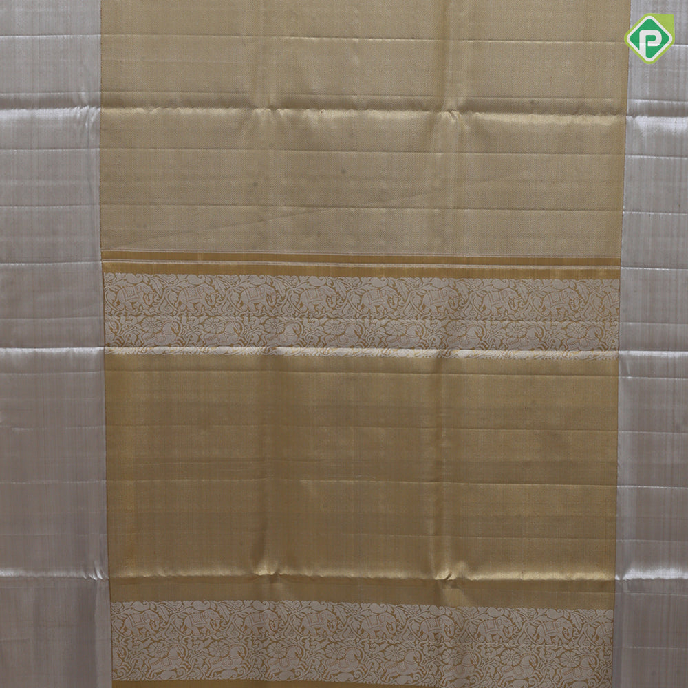 gold base zari by zari tissue plain shimmer design contrast silver zari plain shimmer border Grand bridal tissue silk saree