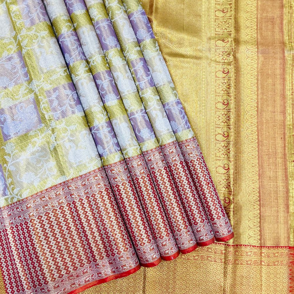 Golden Checks Silver Gold Zari Spin Checks Design Border Exclusive Bridal Tissue Silk Saree