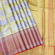 Golden Checks Silver Gold Zari Spin Checks Design Border Exclusive Bridal Tissue Silk Saree