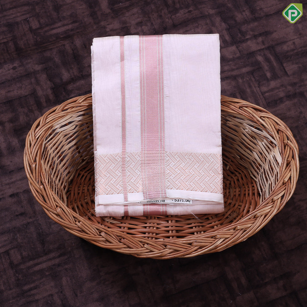Peach Pink Tissue weave Copper Zari Spinning Design Border 8 Muzham pure Silk Dhoti Vesti