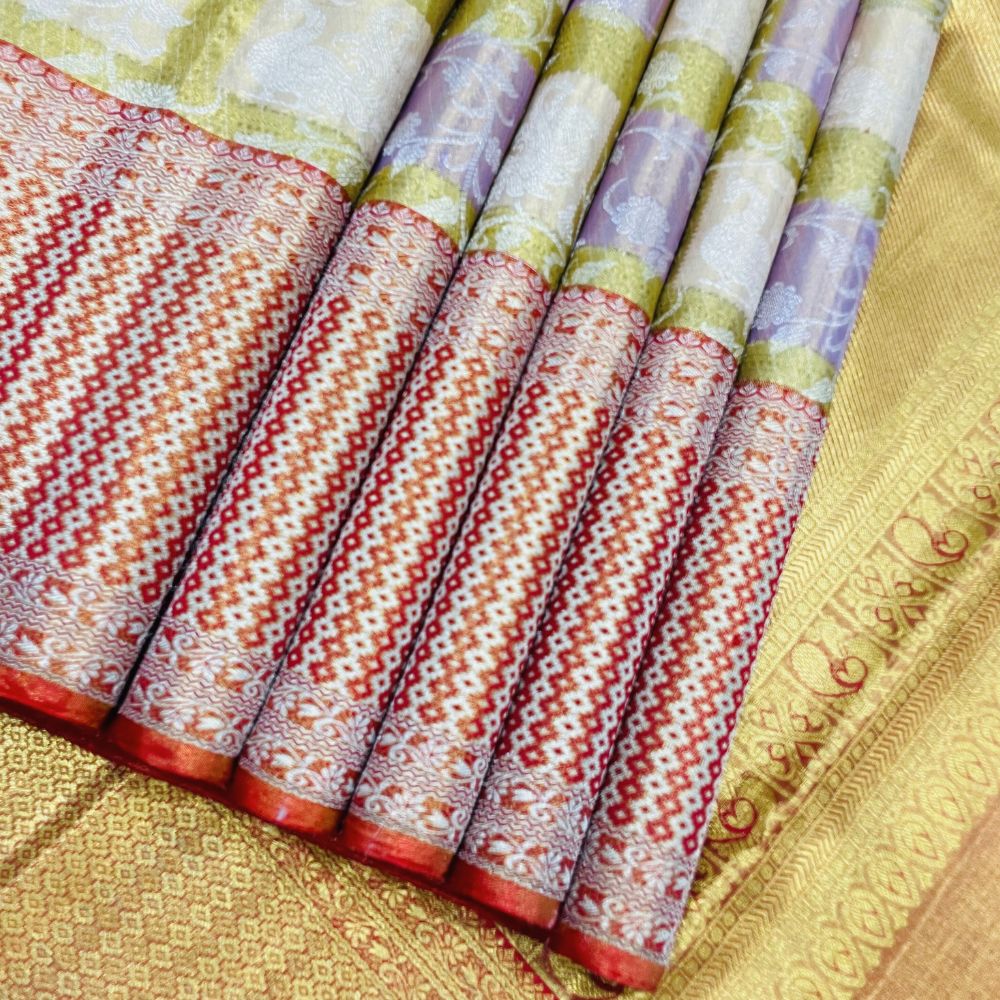 Golden Checks Silver Gold Zari Spin Checks Design Border Exclusive Bridal Tissue Silk Saree