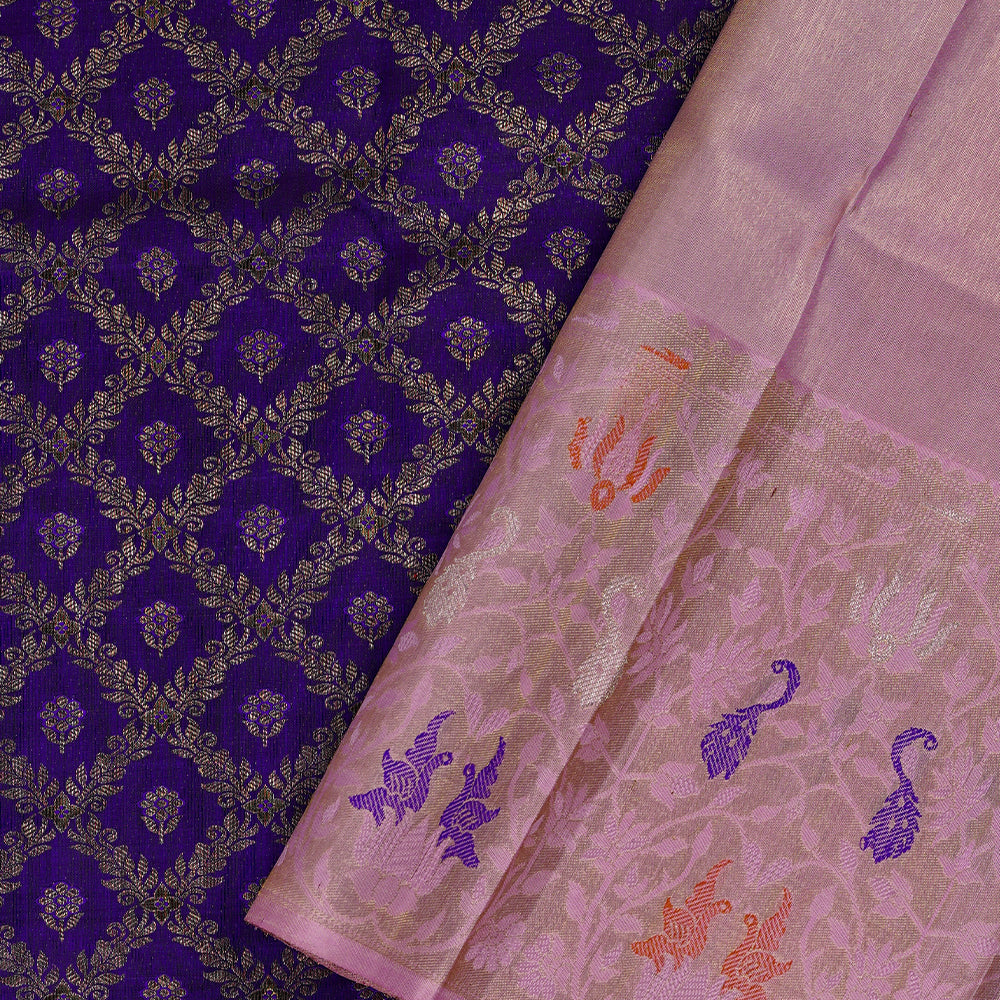 Royal Blue Gold Zari grand floral checks design contrast pink meena work border Exclusive bridal silk saree