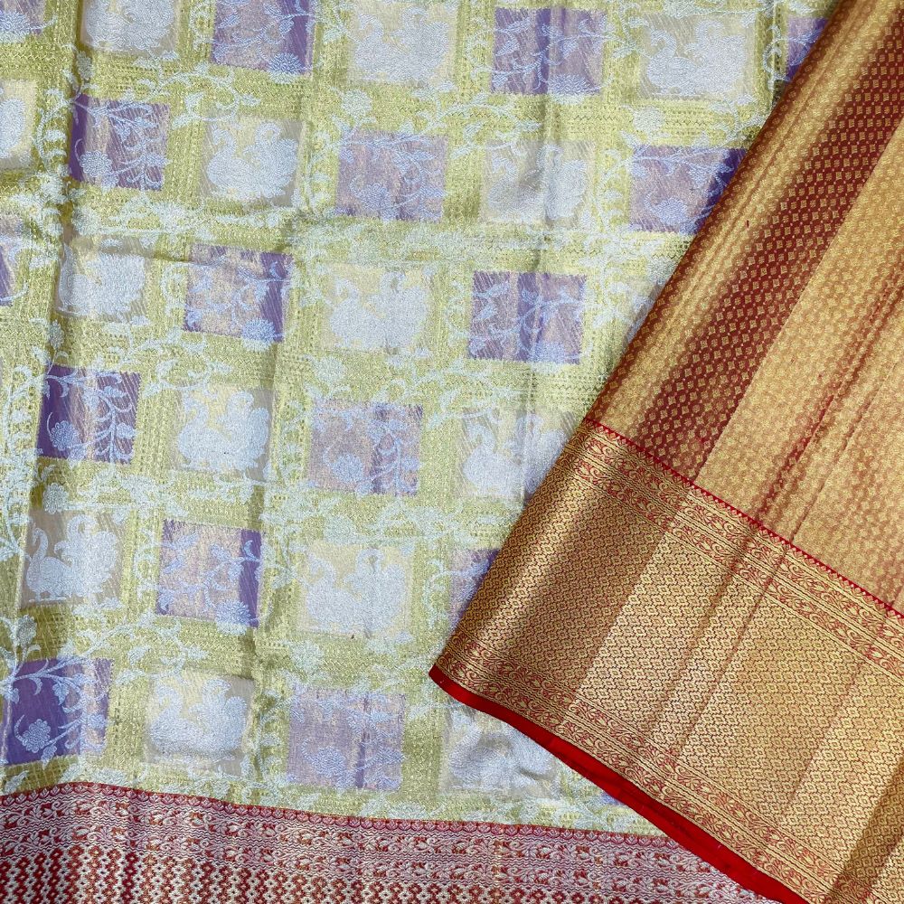 Golden Checks Silver Gold Zari Spin Checks Design Border Exclusive Bridal Tissue Silk Saree