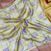 Golden Checks Silver Gold Zari Spin Checks Design Border Exclusive Bridal Tissue Silk Saree