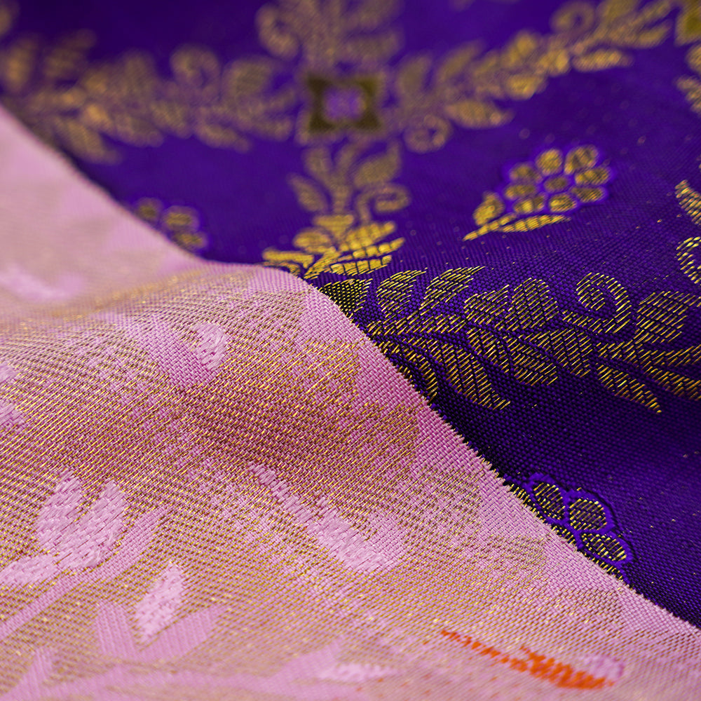 Royal Blue Gold Zari grand floral checks design contrast pink meena work border Exclusive bridal silk saree