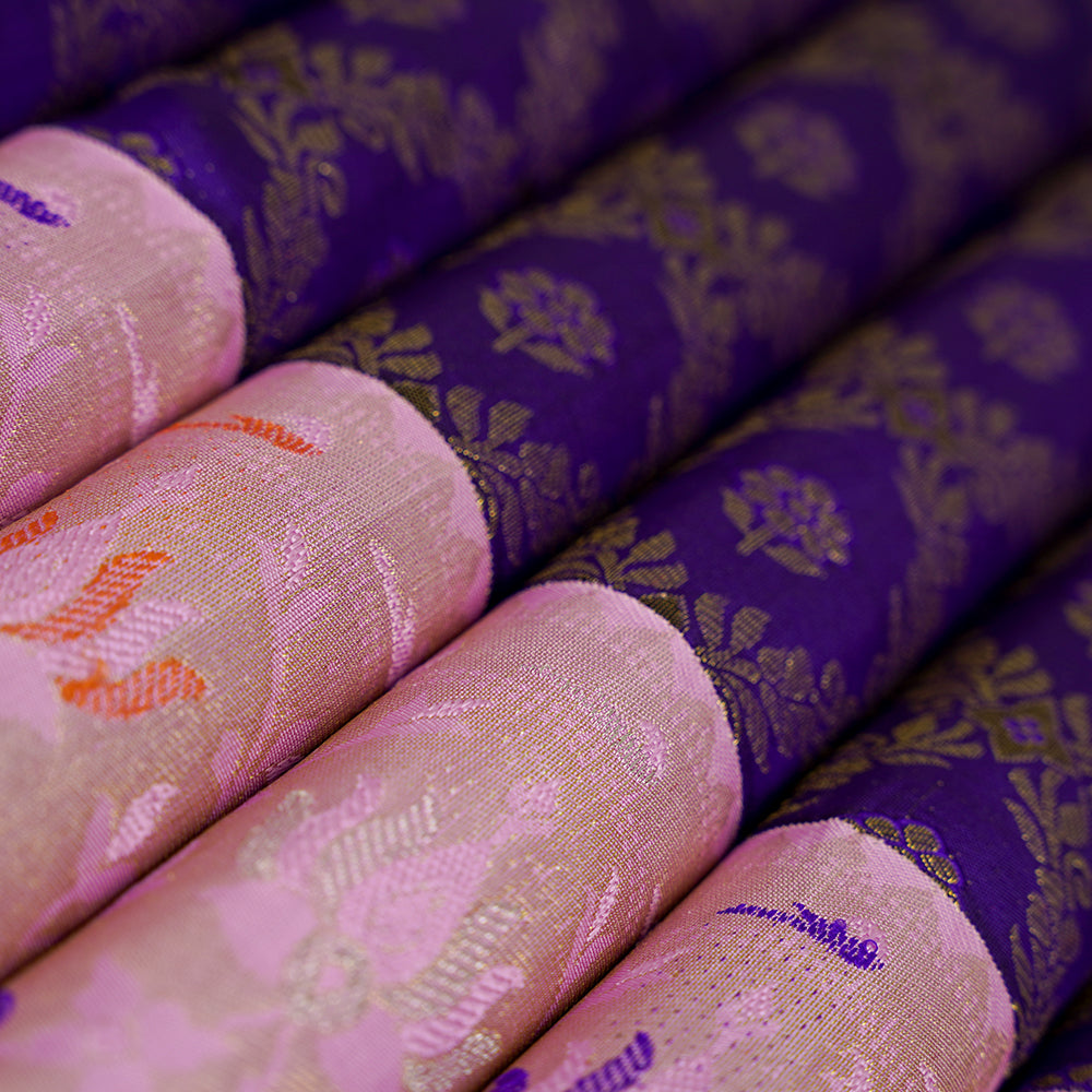 Royal Blue Gold Zari grand floral checks design contrast pink meena work border Exclusive bridal silk saree