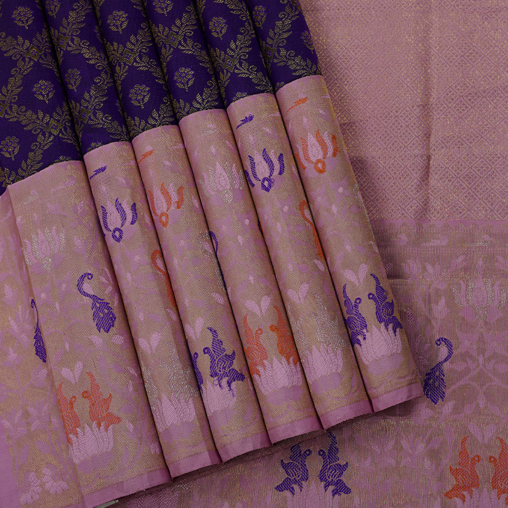 Royal Blue Gold Zari grand floral checks design contrast pink meena work border Exclusive bridal silk saree