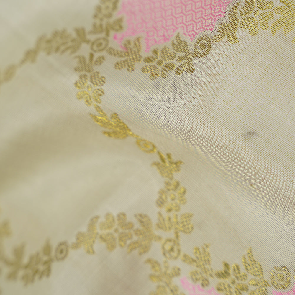 Cream White With Orangish Pink Floral Work Grand Bridal Silks Saree