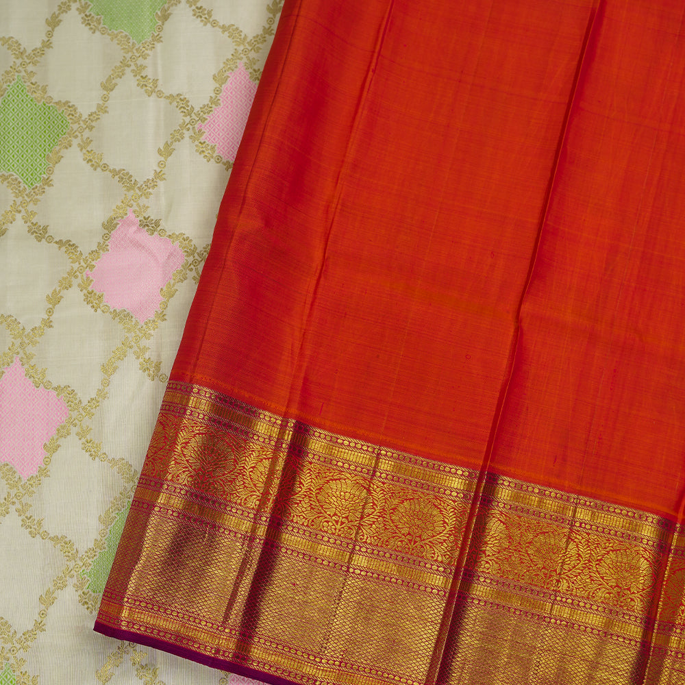 Cream White With Orangish Pink Floral Work Grand Bridal Silks Saree