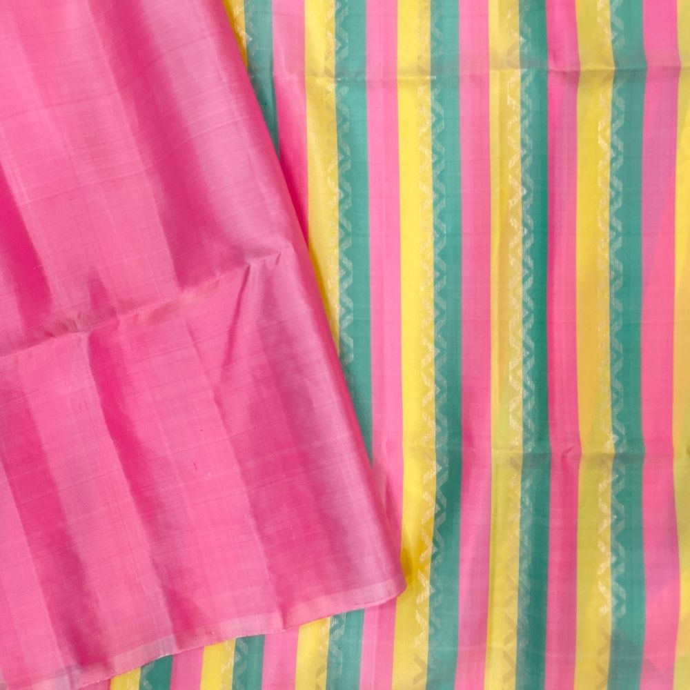 Tricolor Design Silver Gold Zari Zig Zag Lines Borderless Multi Colour Soft Silk Saree