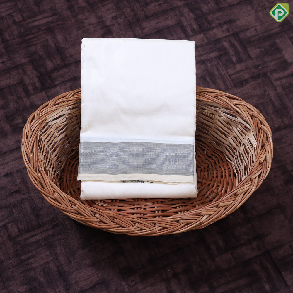 Cream White Silver zari 80 Kan 9'*5' Pure Silk Dhoti Towel Pattu Vesti Thundu Set