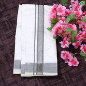 Cream White Silver zari 80 Kan 9'*5' Pure Silk Dhoti Towel Pattu Vesti Thundu Set