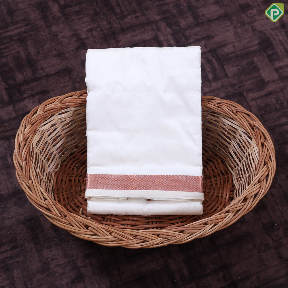 Cream White Copper zari 40 Kan 8'*4' Pure Silk Dhoti Towel Pattu Vesti Thundu Set