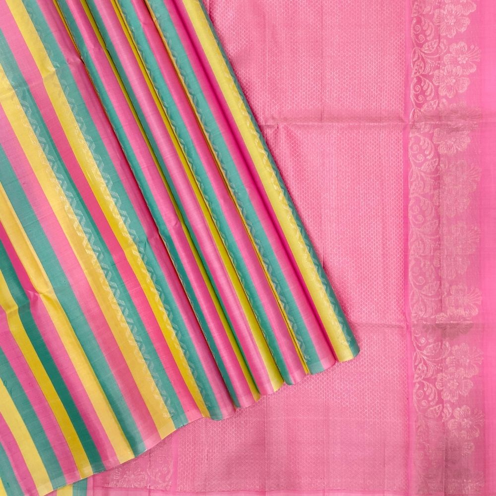 Tricolor Design Silver Gold Zari Zig Zag Lines Borderless Multi Colour Soft Silk Saree