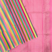 Tricolor Design Silver Gold Zari Zig Zag Lines Borderless Multi Colour Soft Silk Saree