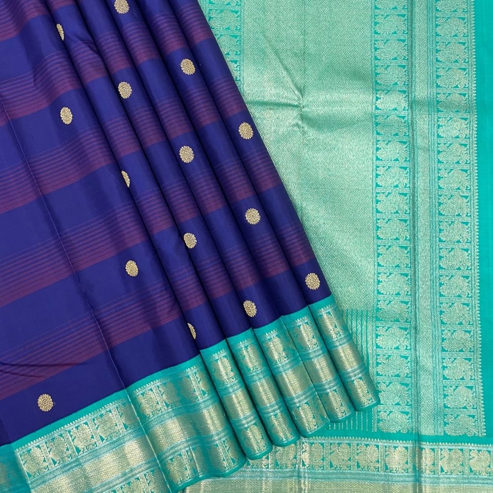 Dark Violet With Peacock Butta Retta Pet Korvai Border Traditional Silk Saree