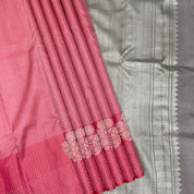 Bubblegum Pink Self Colour With Silver Zari Big Flower Padded Border Trendy Designer Silk Saree