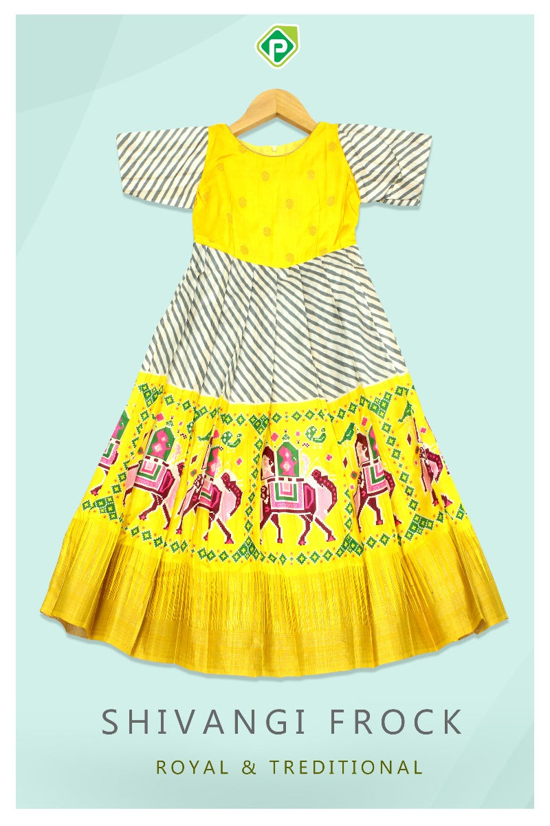 Cream White With Corn Yellow Colour Cross Leharia Lines 6 Year Size Shivangi Fancy Frock  Type Lehanga