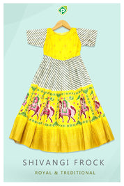 Cream White With Corn Yellow Colour Cross Leharia Lines 10 Year Size Shivangi Fancy Frock Type Lehanga