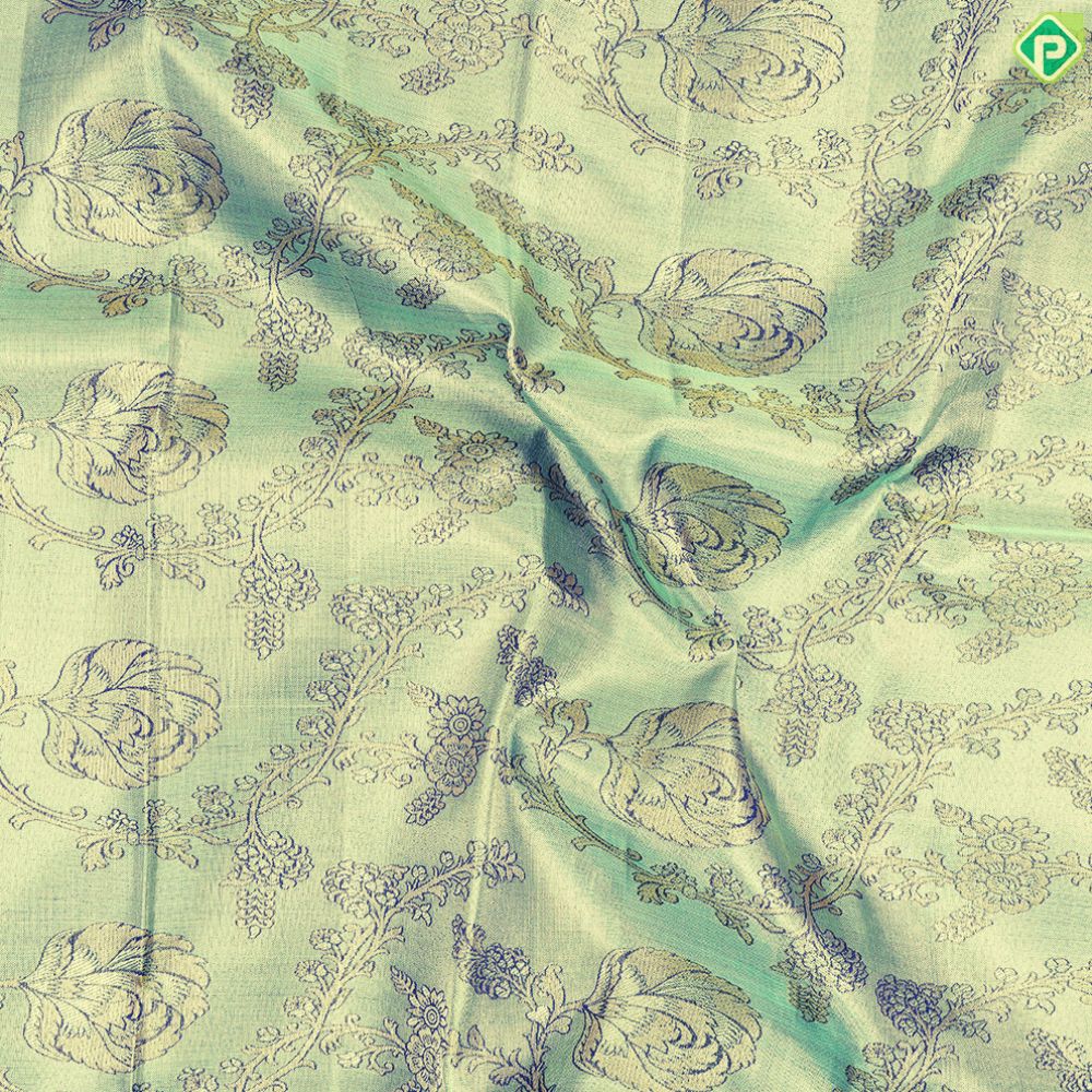 Cardamon Green With Gold Zari Weaved Floral And Royal Blue Grand Silk Saree