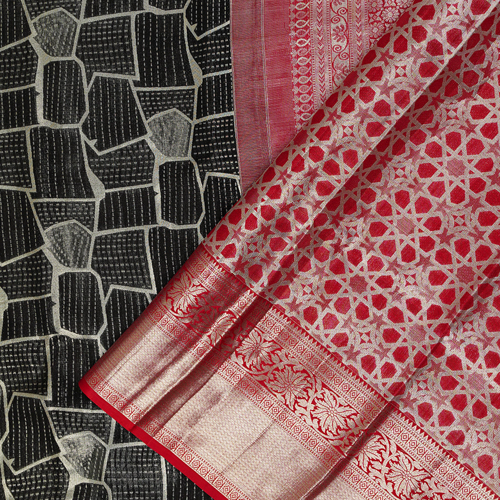 Black With Chilly Red Colour Big Shape Motifs Grand Bridal Wedding Silks Saree