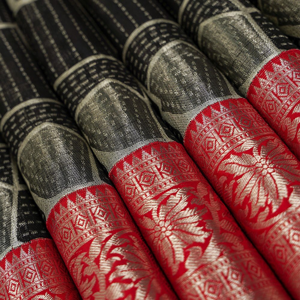 Black With Chilly Red Colour Big Shape Motifs Grand Bridal Wedding Silks Saree